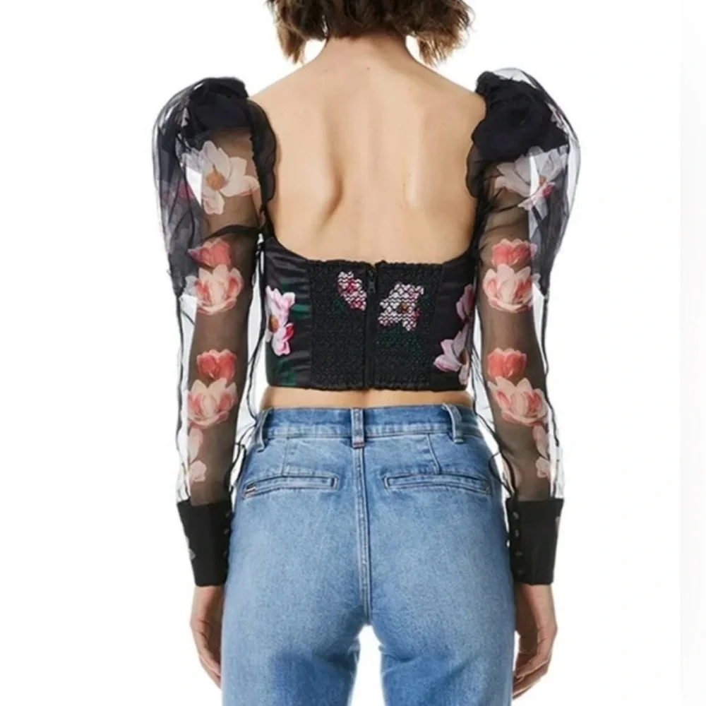 Alice + Olivia Floral Puff Sleeve Sheer Crop Top - Picture 2 of 11